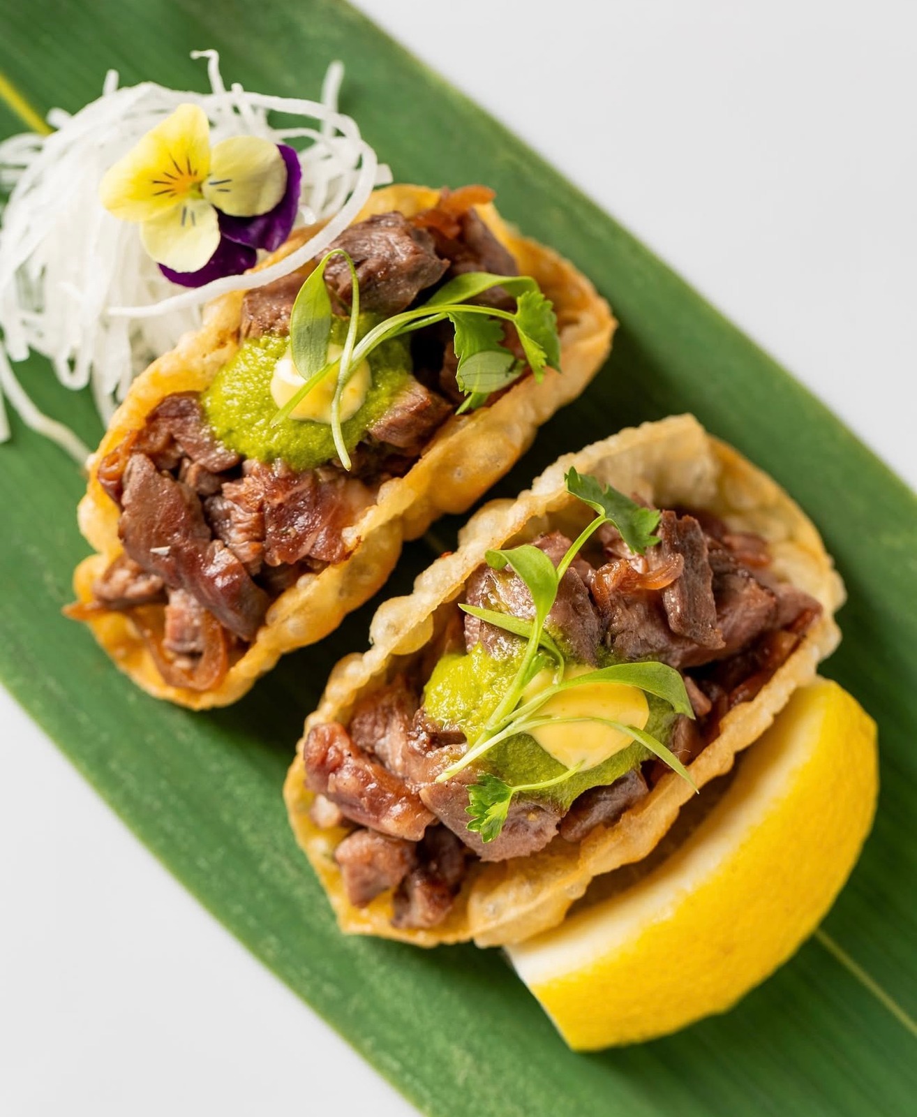 Tacos artisanaux au bœuf braisé et salsa verde servis à La Musa